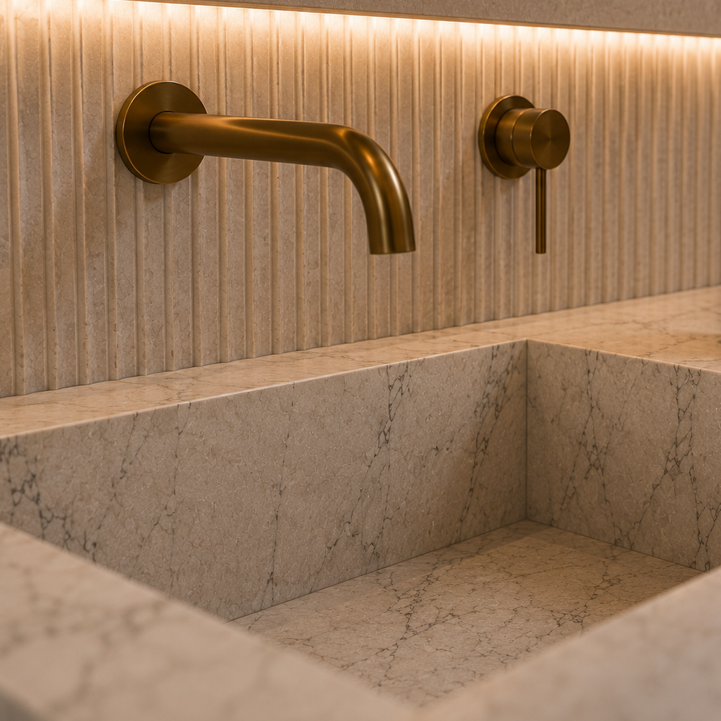 Gold faucet and handle on a marble sink with a textured wall background