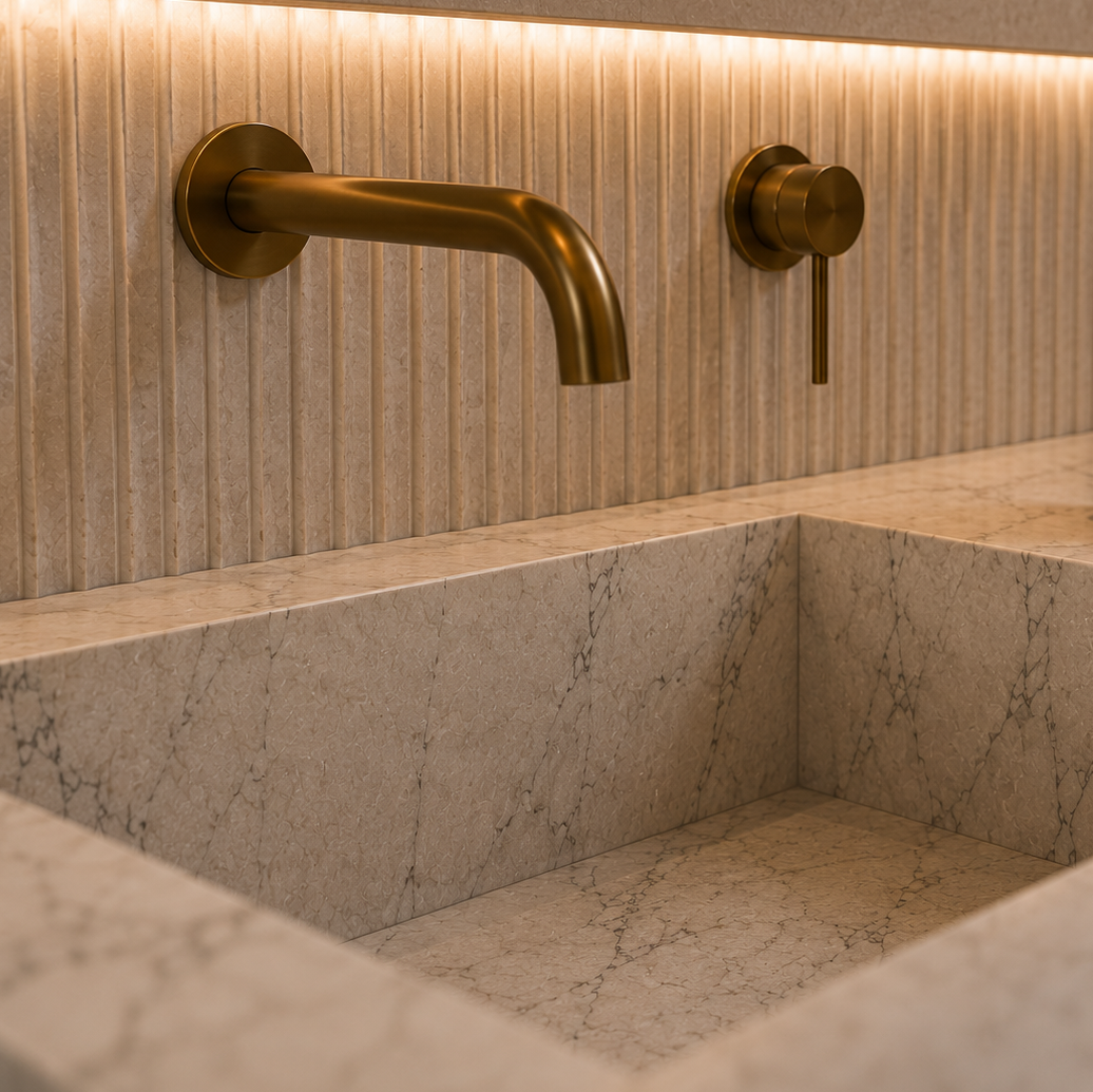 Gold faucet and handle on a marble sink with a textured wall background