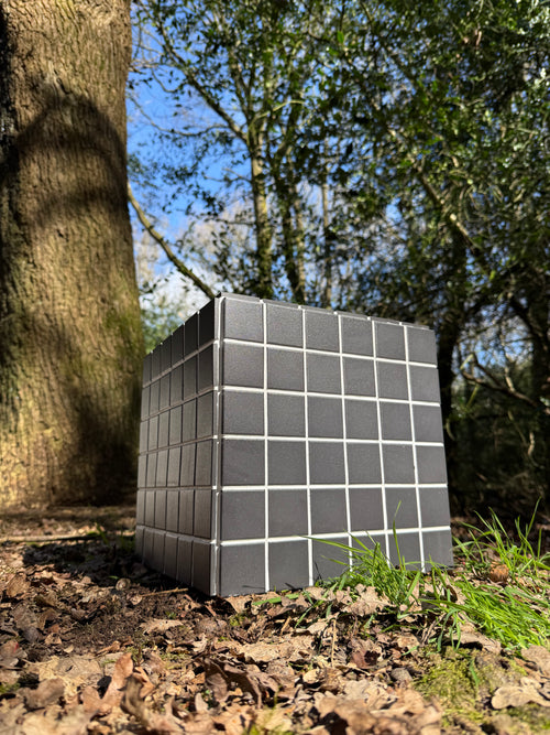 Handmade black porcelain mosaic tile cube side table, 30x30x30cm, white grout, made in the UK