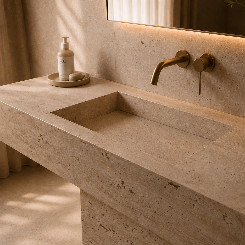 Bathroom vanity with stone sink and gold faucet, featuring a bottle of soap.