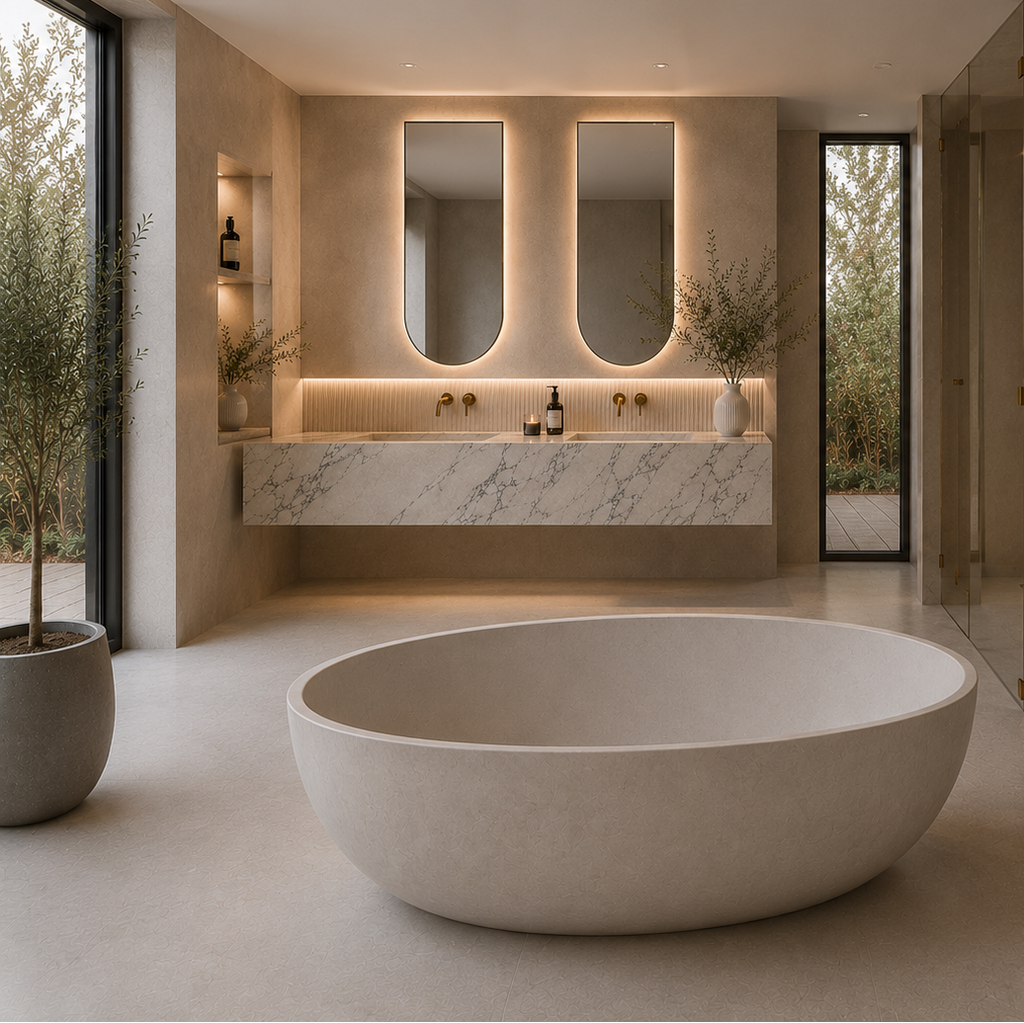 Modern bathroom with a large oval bathtub, marble basin, and large mirrors.