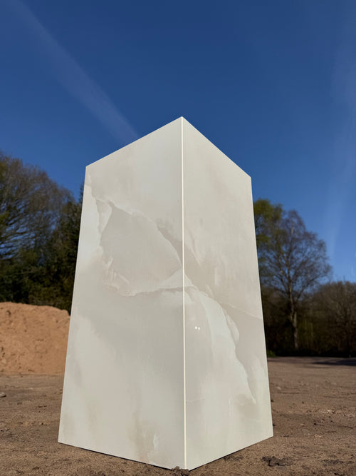Handmade white marble-effect polished porcelain side table, hand-mitred corners, colour-matched resin, 30x60x30cm, made in the UK