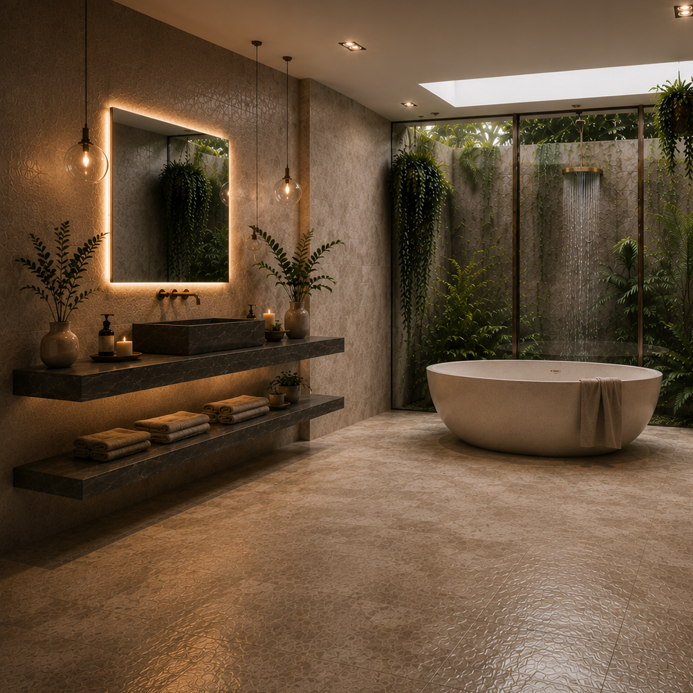 Modern bathroom with a freestanding bathtub, vanity area, and outdoor shower.