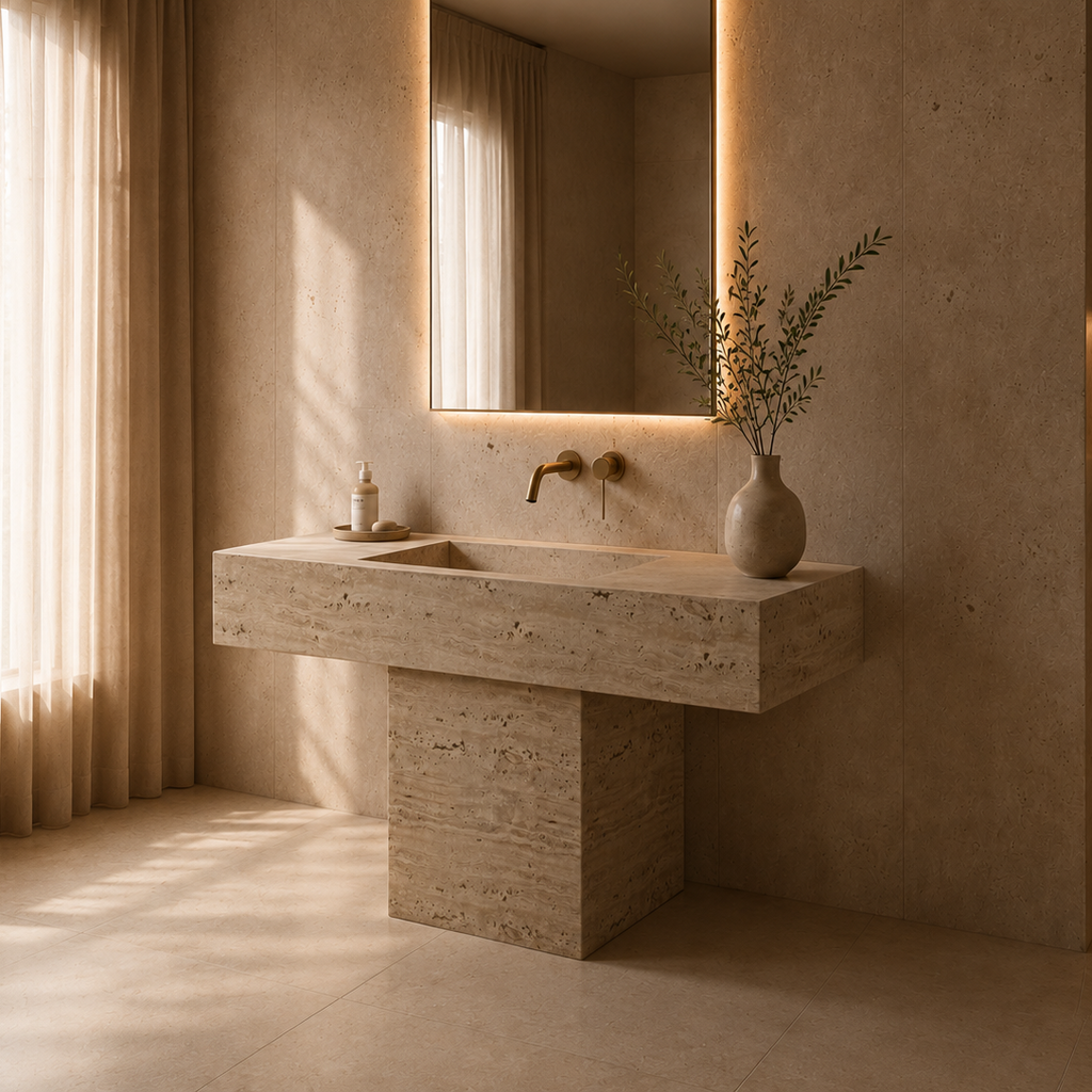 Modern bathroom with stone sink and illuminated mirror