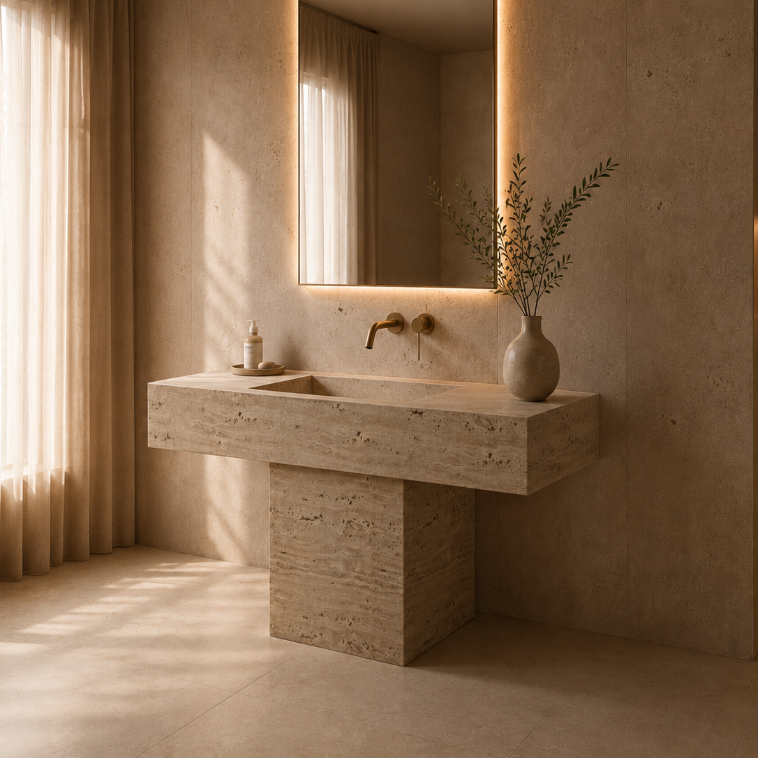 Modern bathroom with stone sink and illuminated mirror