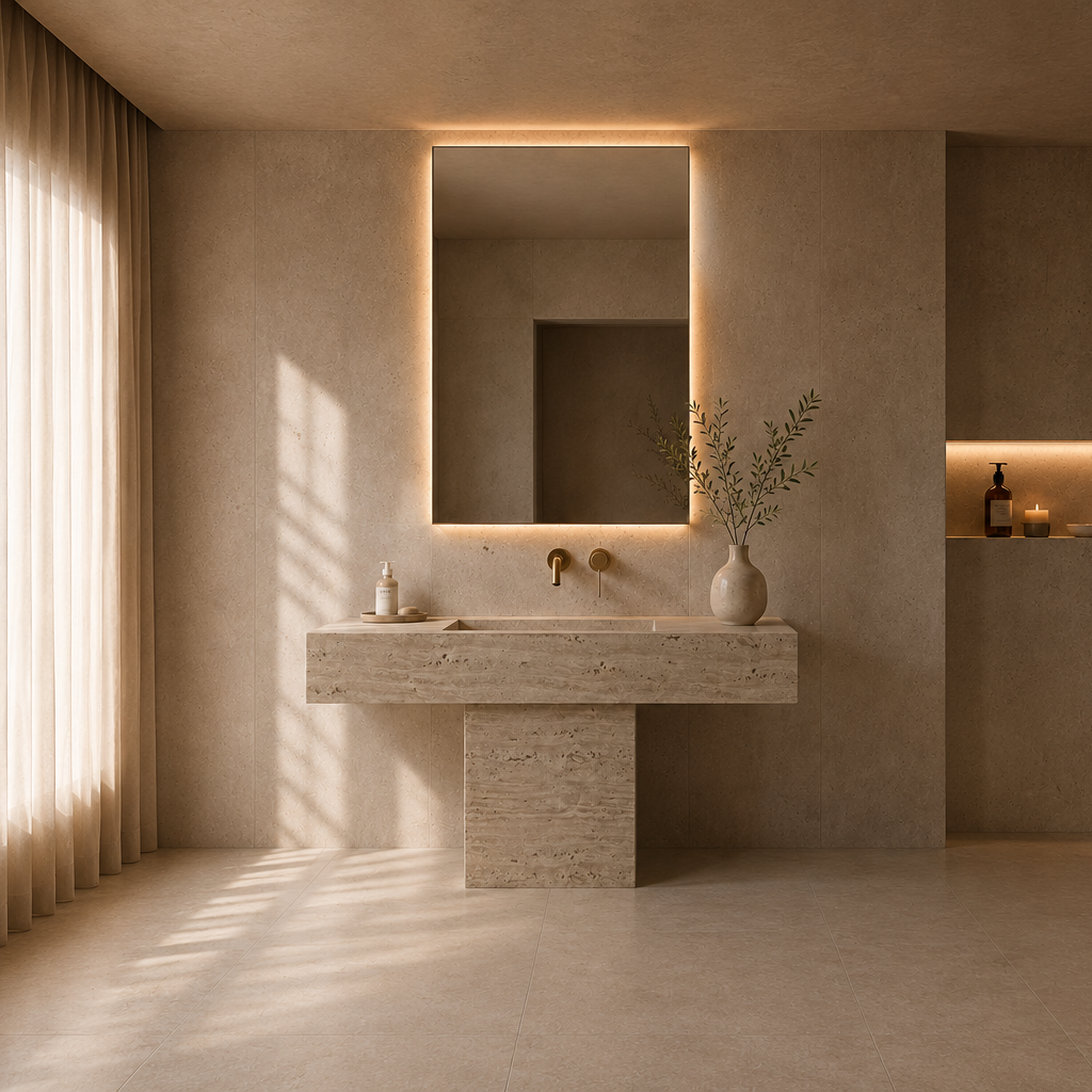 Modern bathroom with stone vanity, mirror, and shower area.