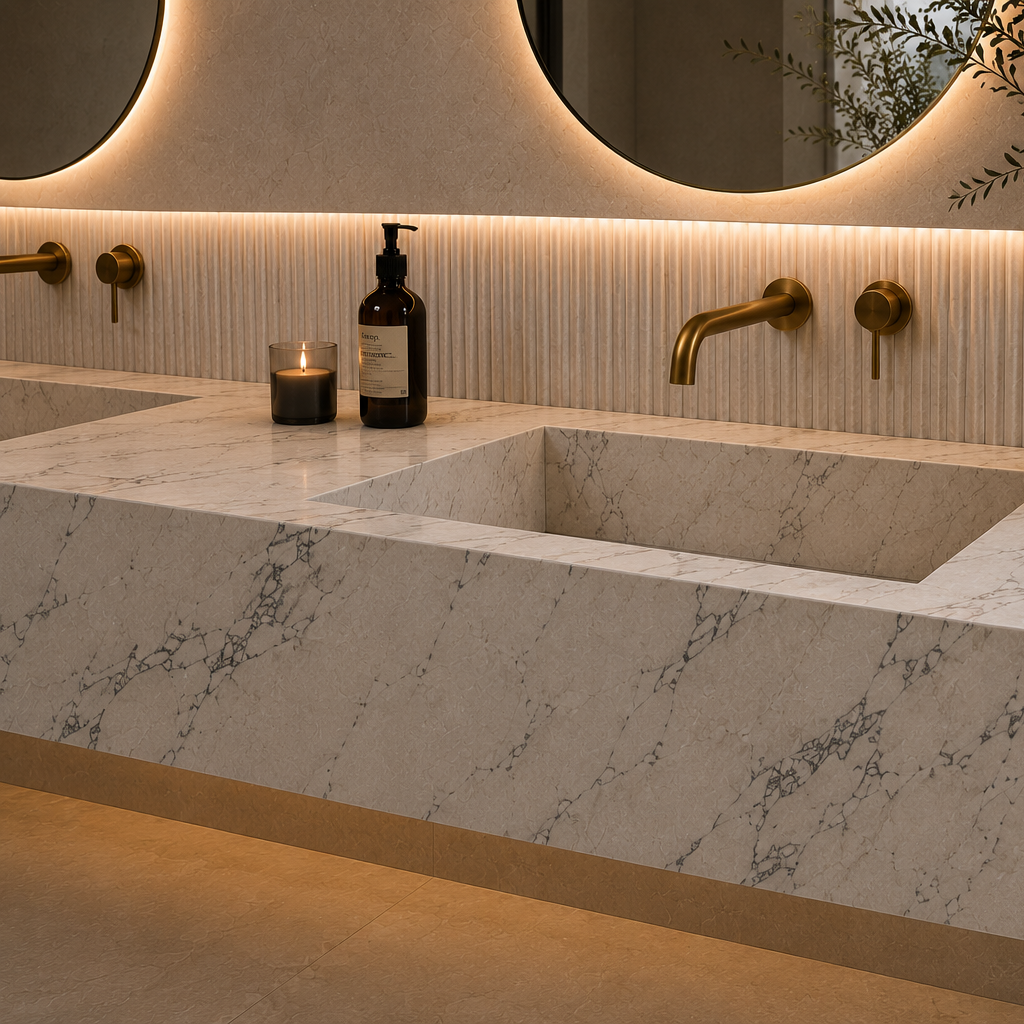 Modern bathroom sink with marble countertop, gold fixtures, and decorative elements.