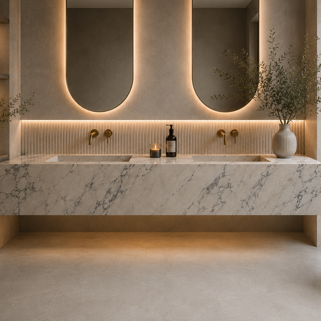 Modern tiled bathroom vanity basin with marble countertop, large mirrors, and decorative elements.
