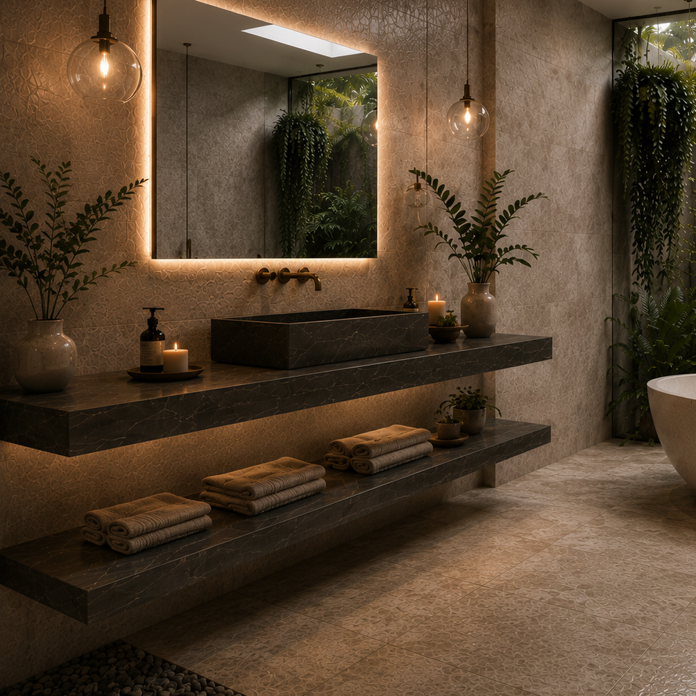 Modern bathroom with a stone tile sink, towels, and decorative elements.