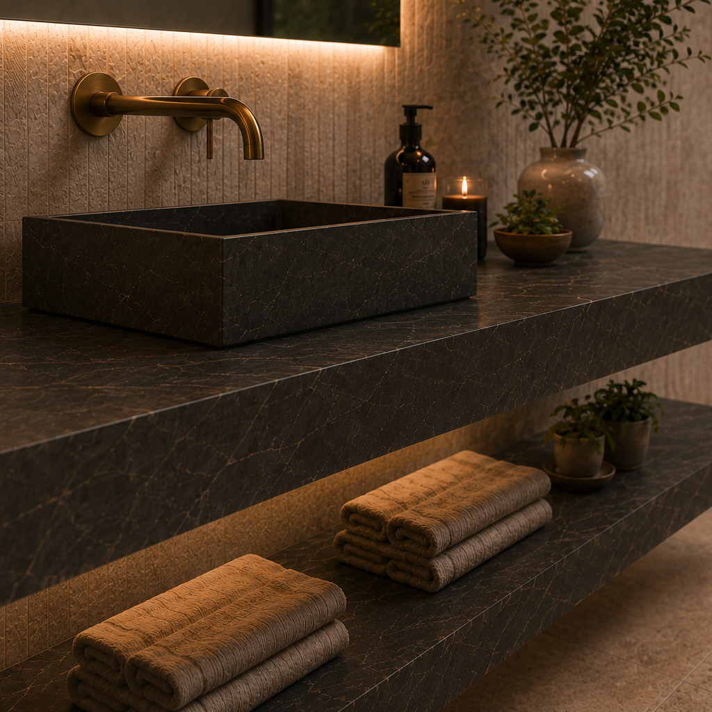 Bathroom vanity with dark stone tile sink, gold faucet, and towels.