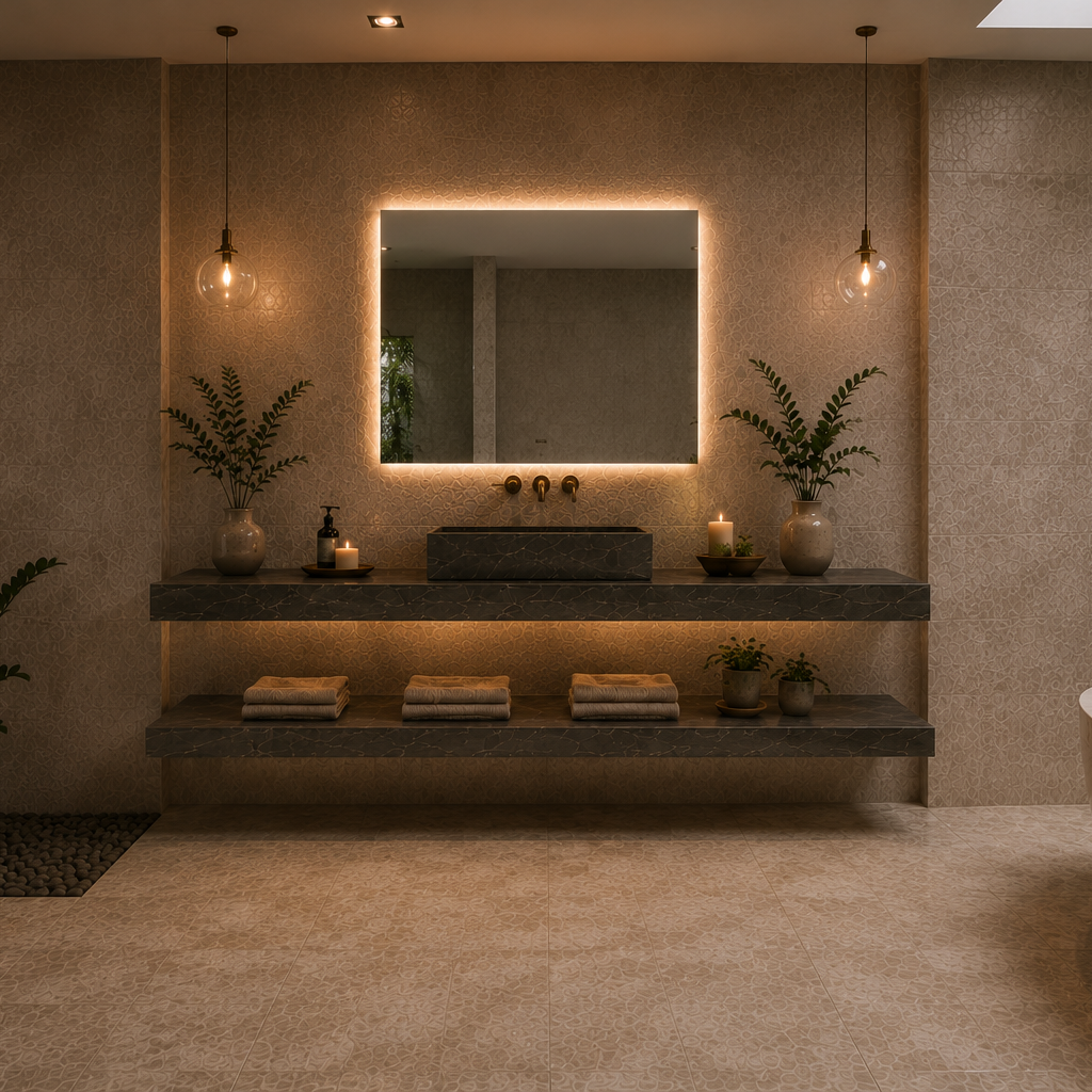 Modern bathroom vanity with illuminated mirror and decorative elements.